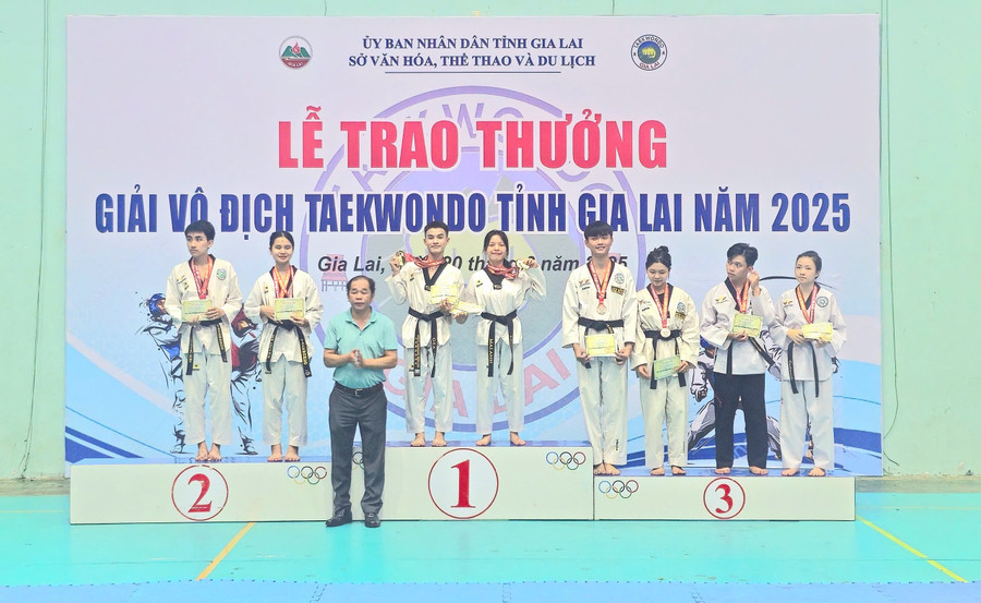 Ban tổ chức trao giải cho các vận động viên đạt thành tích xuất sắc ở nội dung quyền đôi nam-nữ. Ảnh: R.H z6725174318491-787ee0d9ff7de6ca593aecf4925f912e.jpg