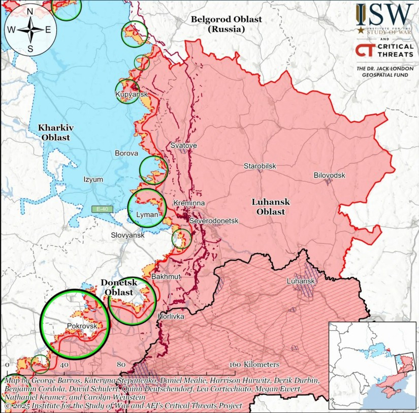 Các điểm nóng ở mặt trận phía Đông Ukraine. Ảnh: ISW u2.jpg