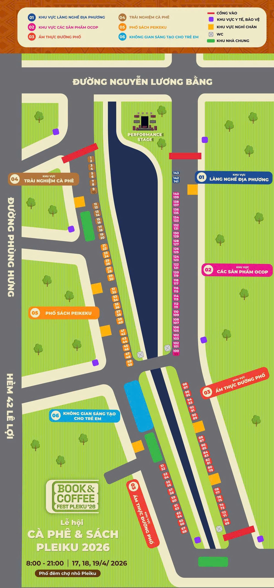 Sơ đồ phân khu Lễ hội cà phê và sách Pleiku 2026. Ảnh: ĐVCC
