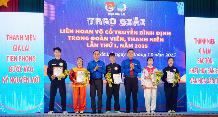 Các thí sinh giành thành tích cao ở nội dung đối luyện, bảng nam-nữ. Ảnh: H.V lien-hoan-vo-6.jpg