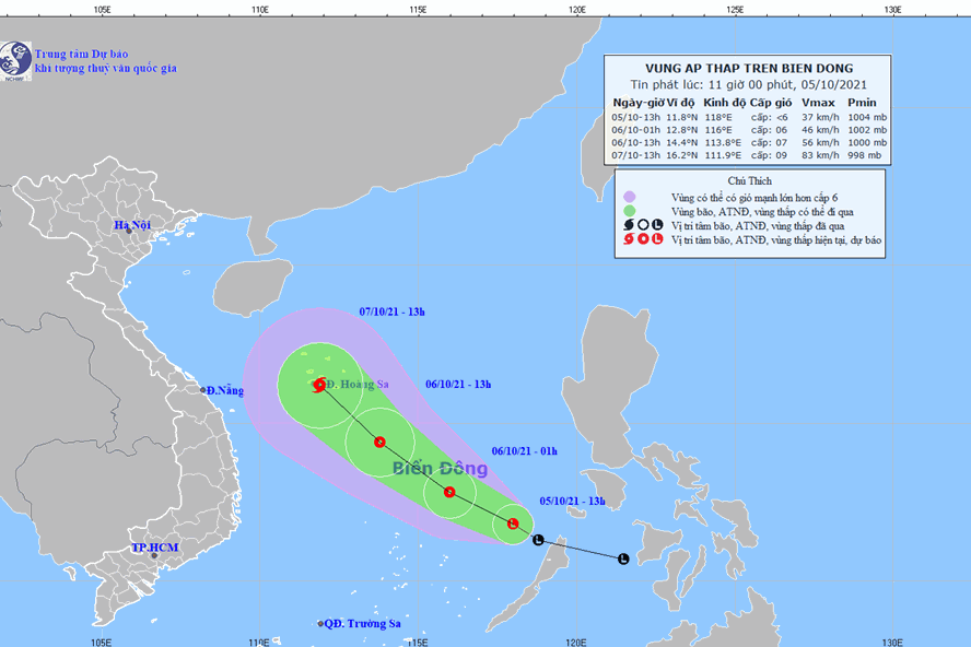 Vị trí và đường đi của vùng áp thấp. Ảnh: Trung tâm Dự báo KTTV Quốc gia.