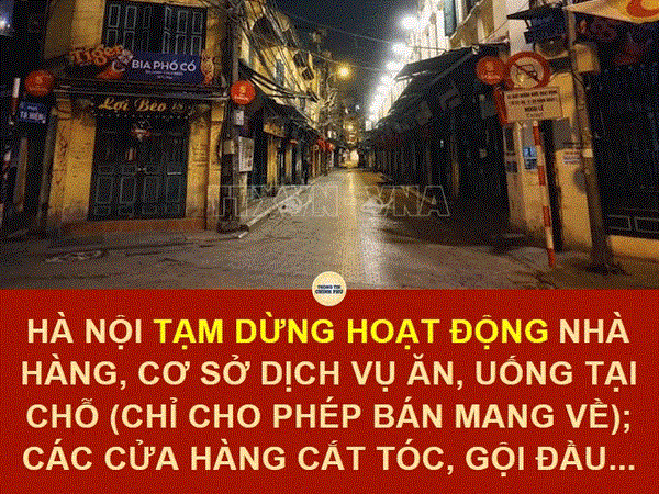 Công điện của Chủ tịch Hà Nội yêu cầu tạm dừng hoạt động nhà hàng, cơ sở dịch vụ ăn uống các dịch vụ cắt tóc gội đầu...; Khuyến khích làm việc online; Yêu cầu Vingroup, T&T, các tổ chức doanh nghiệp chủ động test SARS-CoV-2 cho người lao động, cư dân trong khu vực trụ sở và các dự án do doanh nghiệp đầu tư, quản lý trên địa bàn Thành phố. (Ảnh: TTXVN phát) Công điện của Chủ tịch Hà Nội yêu cầu tạm dừng hoạt động nhà hàng, cơ sở dịch vụ ăn uống các dịch vụ cắt tóc gội đầu...; Khuyến khích làm việc online; Yêu cầu Vingroup, T&T, các tổ chức doanh nghiệp chủ động test SARS-CoV-2 cho người lao động, cư dân trong khu vực trụ sở và các dự án do doanh nghiệp đầu tư, quản lý trên địa bàn Thành phố. (Ảnh: TTXVN phát)