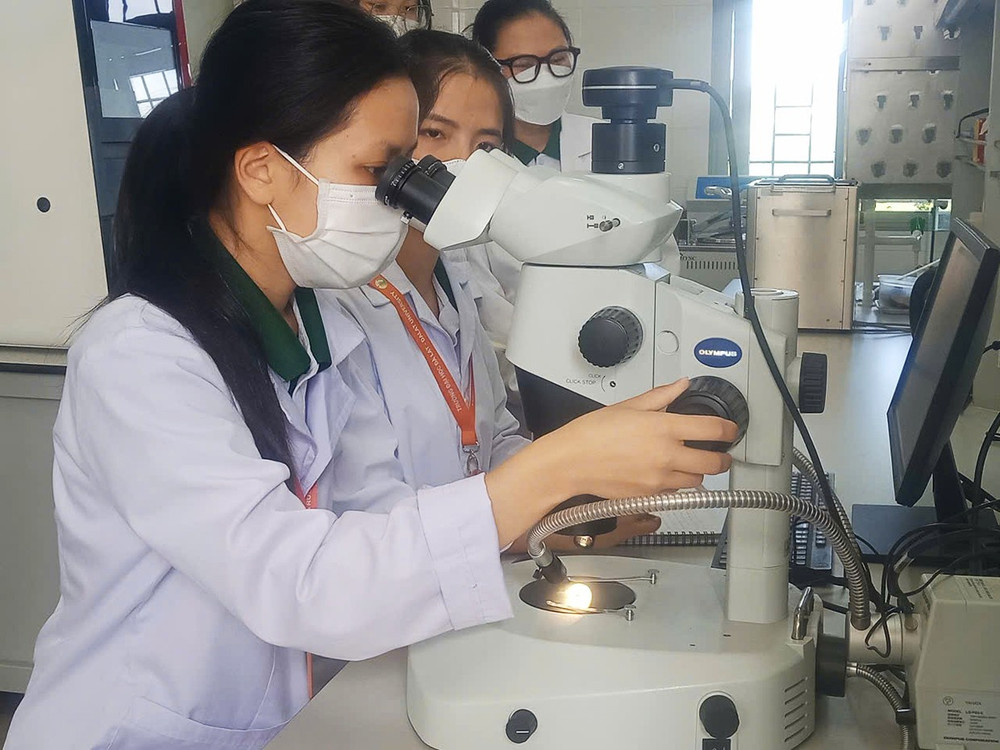Sinh viên và học viên lớp cao học chuyên ngành Sinh học trong giờ thực hành thí nghiệm. Ảnh: L.T 2letrong.jpg
