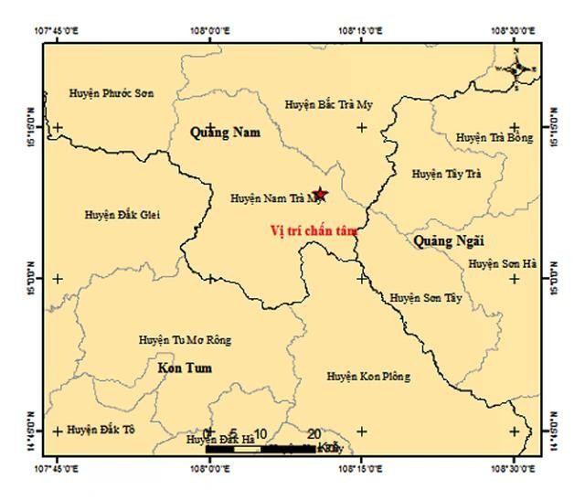 Bản đồ rung chấn trận động đất 3,8 độ Richter xảy ra tại huyện miền núi Nam Trà My gây rung chấn mạnh Bản đồ rung chấn trận động đất 3,8 độ Richter xảy ra tại huyện miền núi Nam Trà My gây rung chấn mạnh