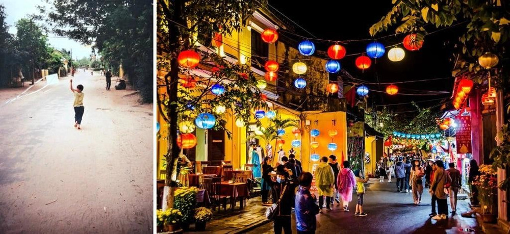 Cô bé chơi diều (bên trái) trên một con phố vắng ở Hội An, Việt Nam, vào năm 1994 và cảnh đường phố điển hình của Hội An vào năm 2024 (bên phải). ẢNH: SIMON O'REILLY/SUTTERSTOCK Cô bé chơi diều (bên trái) trên một con phố vắng ở Hội An, Việt Nam, vào năm 1994 và cảnh đường phố điển hình của Hội An vào năm 2024 (bên phải). ẢNH: SIMON O'REILLY/SUTTERSTOCK