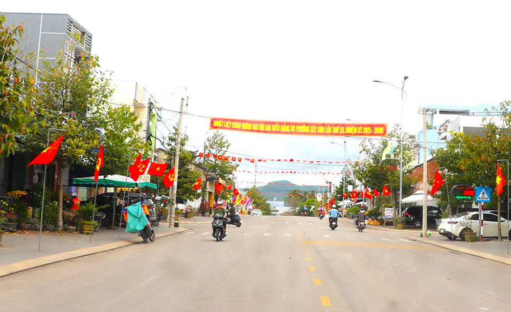Triển khai mô hình “Tuyến đường cờ Tổ quốc”, phường Tây Sơn cắm 781 cột cờ cùng kích thước và treo cờ Tổ quốc, cờ Đảng với tổng chiều dài hơn 5,8 km. Ảnh: N.M tuyen-duong-co-to-quoc-dd.jpg