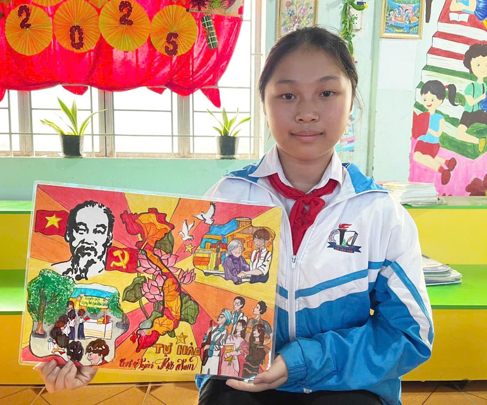 Bức tranh của em Huỳnh Diệu Tường Vy (lớp 6B, Trường Tiểu học và THCS Lê Văn Tám, phường Cheo Reo) được Ban Giám khảo đánh giá cao tại cuộc thi vẽ tranh chào mừng Đại hội Đảng và Đại hội cháu ngoan Bác Hồ các cấp. Ảnh: V.C 1vc-3934.jpg