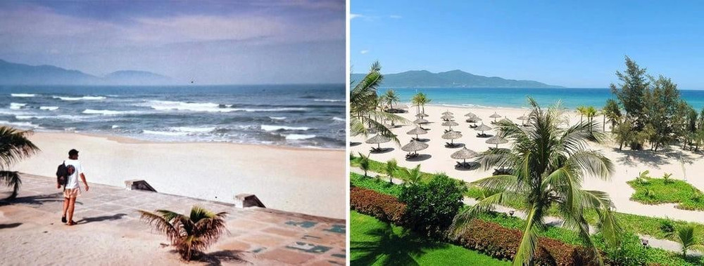 Mặt tiền của khách sạn bên ngoài Đà Nẵng, năm 1994 (bên trái). Cùng cảnh năm 2024, hiện là Furama Resort Đà Nẵng (bên phải). ẢNH: SIMON O'REILLY/FURAMA Mặt tiền của khách sạn bên ngoài Đà Nẵng, năm 1994 (bên trái). Cùng cảnh năm 2024, hiện là Furama Resort Đà Nẵng (bên phải). ẢNH: SIMON O'REILLY/FURAMA