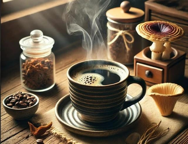 Cà phê nấm có loại không chứa caffeine, thích hợp cho người không uống được cà phê thông thường. ẢNH: AI Cà phê nấm có loại không chứa caffeine, thích hợp cho người không uống được cà phê thông thường. ẢNH: AI