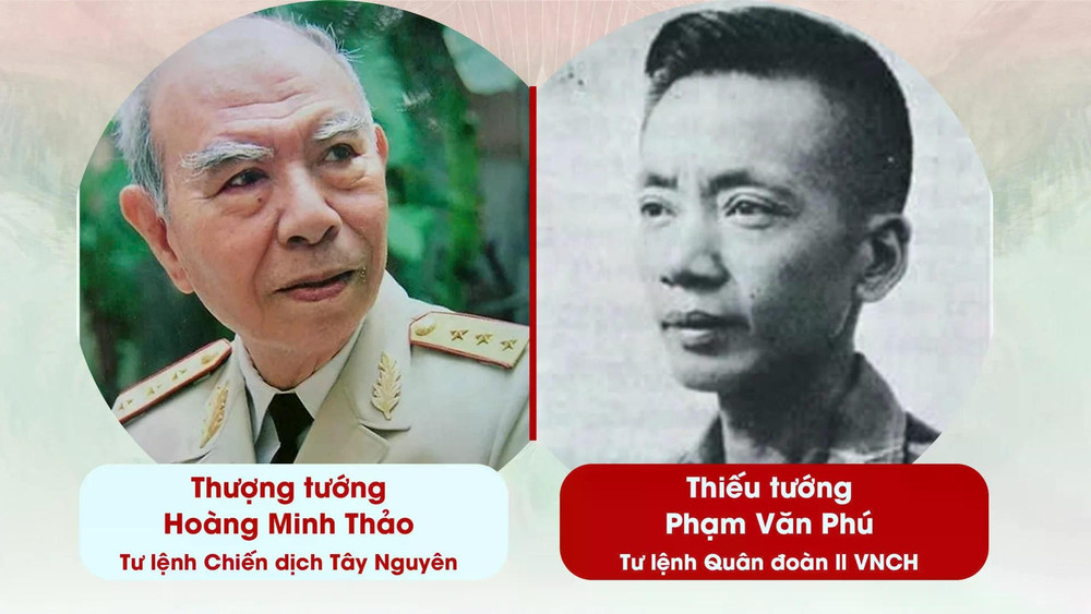 Tướng Hoàng Minh Thảo (bên trái) - Tư lệnh Chiến dịch Tây Nguyên đối đầu tướng Phạm Văn Phú - Tư lệnh Quân đoàn II Việt Nam Cộng hòa. 1dd.jpg