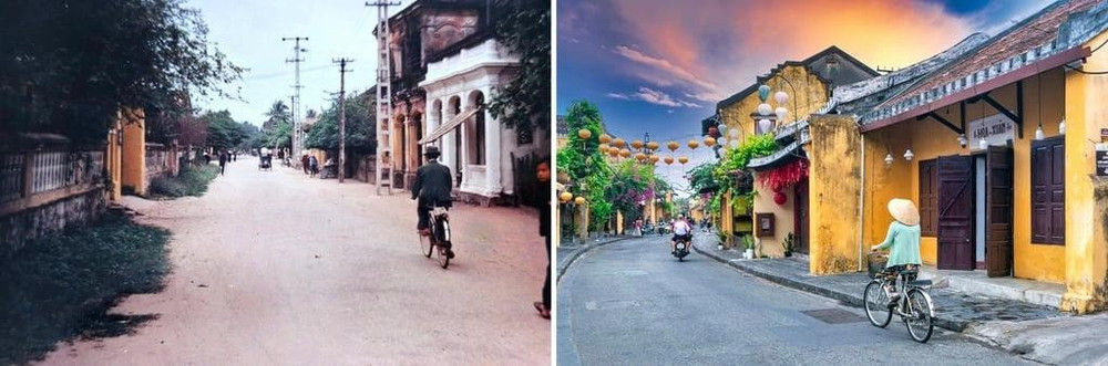Một con phố ở Hội An năm 1994 (trái) và năm 2024 (phải). ẢNH: SIMON O'REILLY Một con phố ở Hội An năm 1994 (trái) và năm 2024 (phải). ẢNH: SIMON O'REILLY