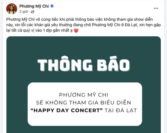 Ca sỹ Phương Mỹ Chi đăng dòng trạng thái xin lỗi khán giả vì lỡ hẹn. Ca sỹ Phương Mỹ Chi đăng dòng trạng thái xin lỗi khán giả vì lỡ hẹn.