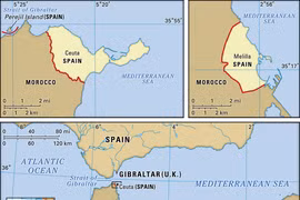 Bản đồ các lãnh thổ Ceuta và Melilla của Tây Ban Nha ở Bắc Phi.