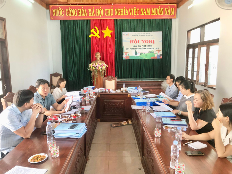Hội đồng đánh giá, phân hạng sản phẩm OCOP huyện Krông Pa tổ chức đánh giá các sản phẩm tham gia OCOP năm 2025. Ảnh: Lê Nam ocop-krp.jpg