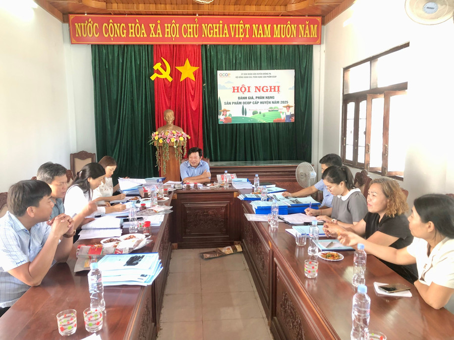 Hội đồng đánh giá, phân hạng sản phẩm OCOP huyện Krông Pa tổ chức Hội nghị đánh giá, phân hạng sản phẩm OCOP cấp huyện năm 2025. Ảnh: Lê Nam ocop.jpg