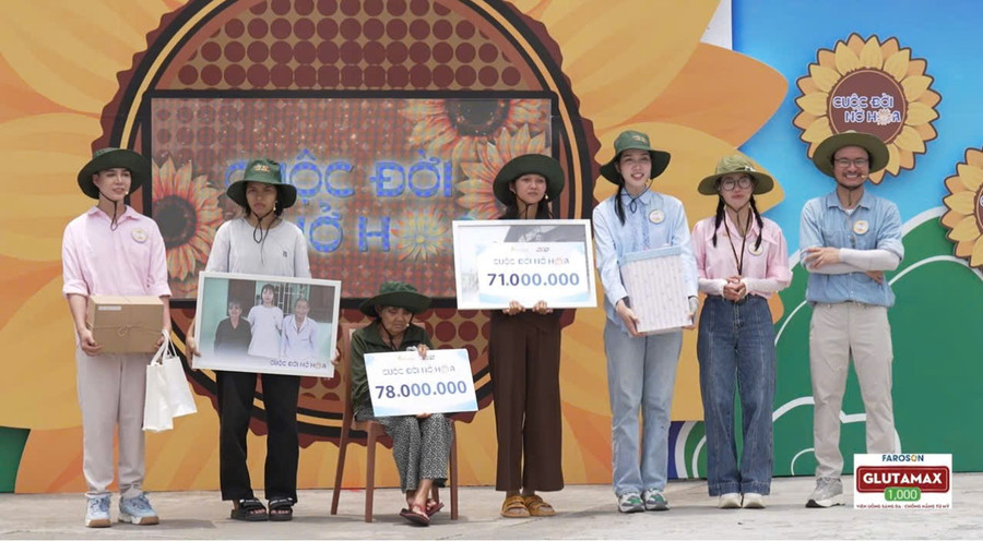 Gia đình em Trúc (thứ 2 từ trái sang) và H'Đơn (thứ 4 từ phải sang) nhận quà tại chương trình "Cuộc đời nở hoa". Ảnh: NVCC z6612031966249-127ebe29d085227f63396bee26d974ce.jpg