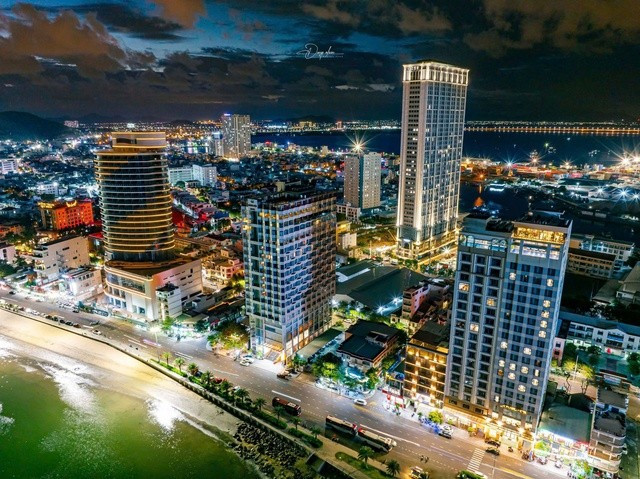 Quy Nhon coastal city at night shimmering