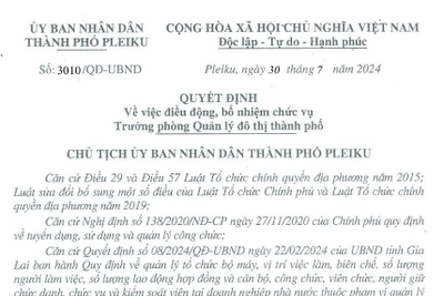 Điều động, bổ nhiệm chức vụ Giám đốc Ban Quản lý dự án đầu tư xây dựng và Trưởng Phòng Quản lý đô thị TP. Pleiku