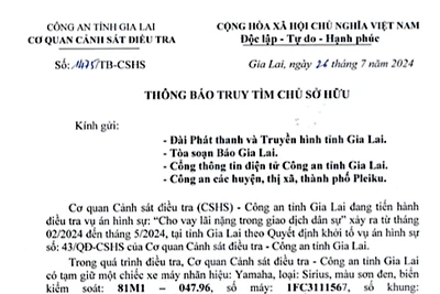 Thông báo tìm chủ sở hữu phương tiện BKS 81M1-047.96