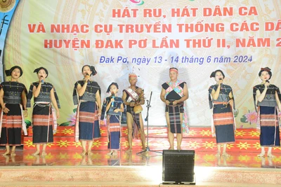 Một tiết mục hát dân ca kết hợp trình diễn nhạc cụ dân tộc tại Liên hoan hát ru, hát dân ca và nhạc cụ truyền thống các dân tộc huyện Đak Pơ. 