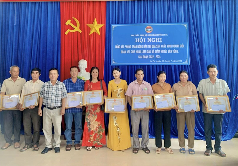 Các cá nhân được Chủ tịch UBND huyện tặng giấy khen vì có thành tích tiêu biểu trong thực hiện phong trào sản xuất, kinh doanh giỏi giai đoạn 2022-2024. Ảnh: Mai Linh