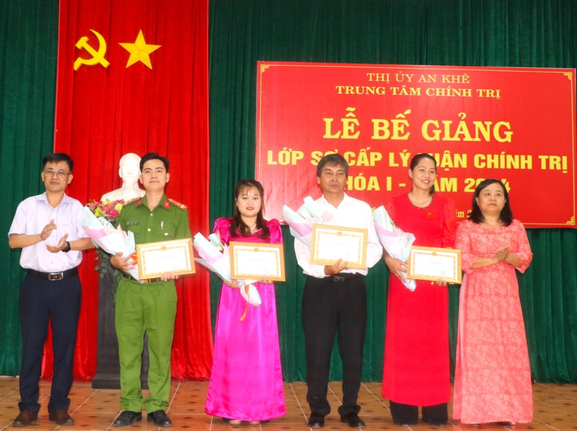 Đồng chí Nguyễn Xuân Phước (bìa trái)-Tỉnh ủy viên, Bí thư Thị ủy An Khê và đồng chí Nguyễn Thị Châu (bìa phải)-Trưởng Ban Tuyên giáo Thị ủy, Giám đốc Trung tâm Chính trị thị xã An Khê trao giấy khen cho học viên. Ảnh: Ngọc Minh Đồng chí Nguyễn Xuân Phước (bìa trái)-Tỉnh ủy viên, Bí thư Thị ủy An Khê và đồng chí Nguyễn Thị Châu (bìa phải)-Trưởng Ban Tuyên giáo Thị ủy, Giám đốc Trung tâm Chính trị thị xã An Khê trao giấy khen cho học viên. Ảnh: Ngọc Minh