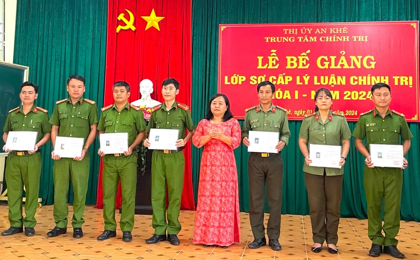 Đồng chí Nguyễn Thị Châu (thứ 4 bên phải)-Trưởng Ban Tuyên giáo Thị ủy, Giám đốc Trung tâm Chính trị thị xã An Khê trao bằng sơ cấp lý luận chính trị cho học viên. Ảnh: Ngọc Minh Đồng chí Nguyễn Thị Châu (thứ 4 bên phải)-Trưởng Ban Tuyên giáo Thị ủy, Giám đốc Trung tâm Chính trị thị xã An Khê trao bằng sơ cấp lý luận chính trị cho học viên. Ảnh: Ngọc Minh
