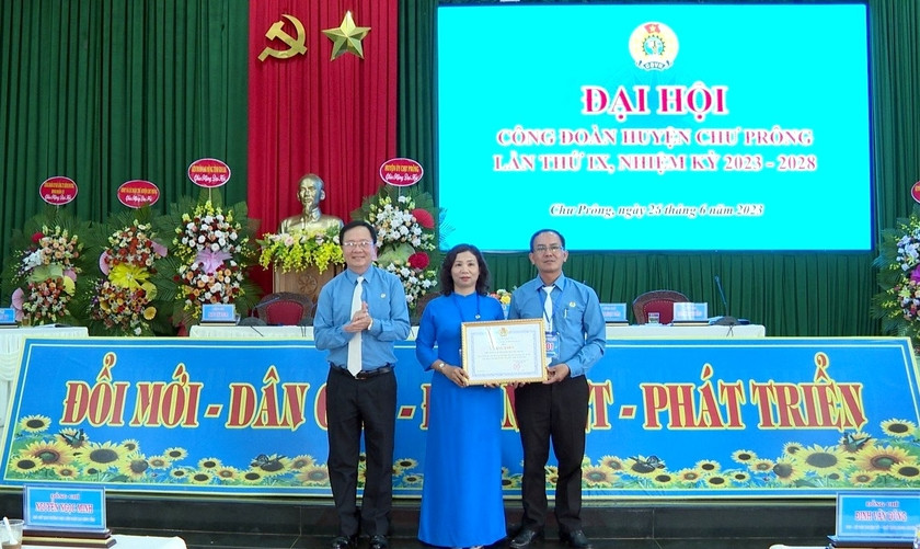 Thay mặt Ban Thường vụ LĐLĐ tỉnh Gia Lai, đồng chí Nguyễn Ngọc Minh-Phó Bí thư Đảng đoàn, Phó Chủ tịch Thường trực LĐLĐ tỉnh tặng bằng khen cho LĐLĐ huyện Chư Prông. Ảnh: Văn Viện