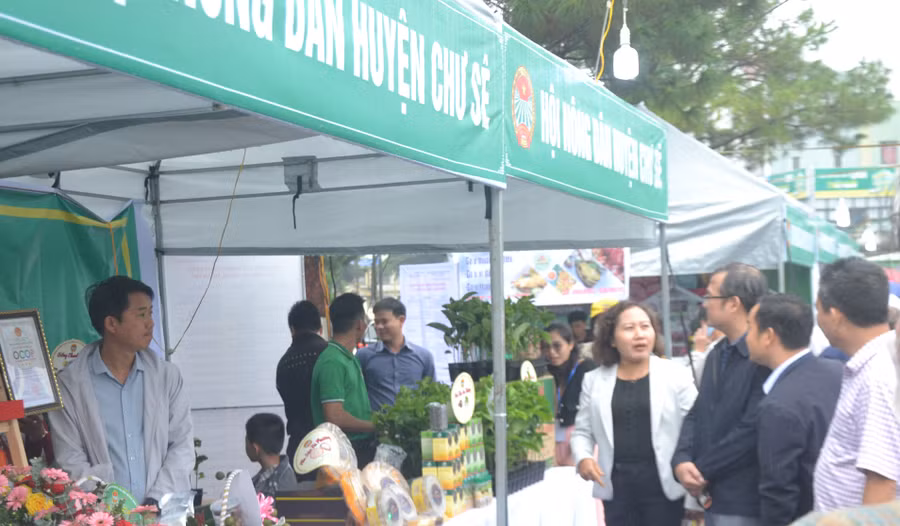 Cán bộ, hội viên nông dân và bà con tham quan, mua sắm sản phẩm tại gian hàng của Hội Nông dân huyện Chư Sê. Ảnh: Hoàng Cư