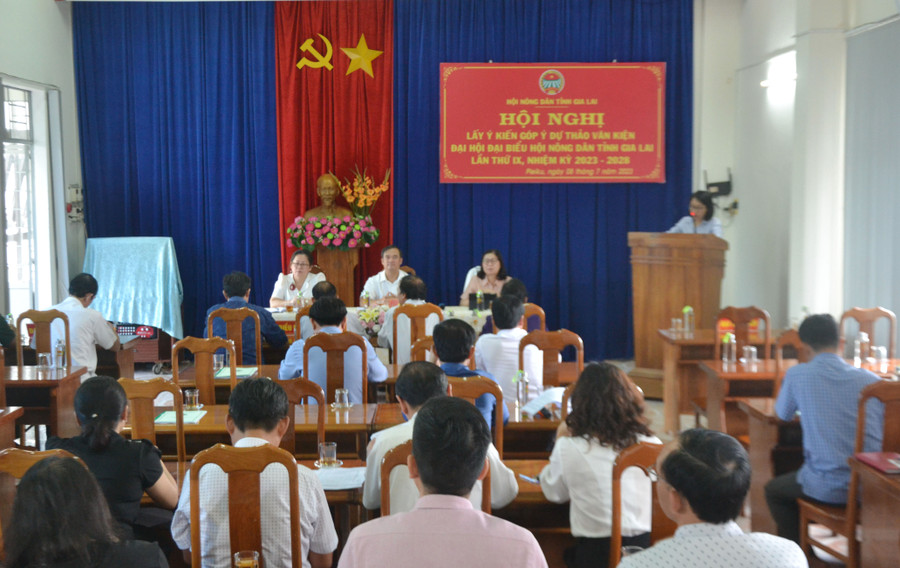 Quang cảnh Hội nghị lấy ý kiến góp ý Dự thảo Văn kiện Đại hội đại biểu Hội Nông dân tỉnh lần thứ IX, nhiệm kỳ 2023-2028. Ảnh: Hoàng Minh