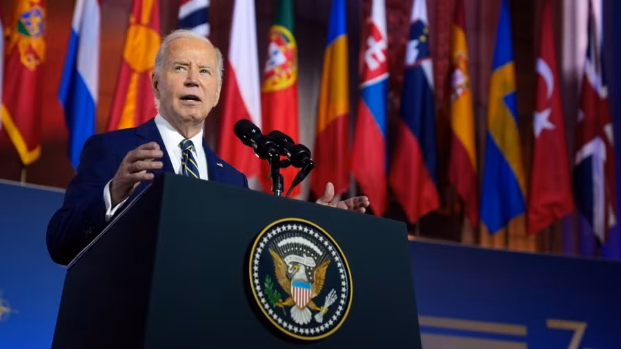 Tổng thống Mỹ Biden phát biểu tại Hội nghị thượng đỉnh NATO lần thứ 75. Ảnh: Reuters