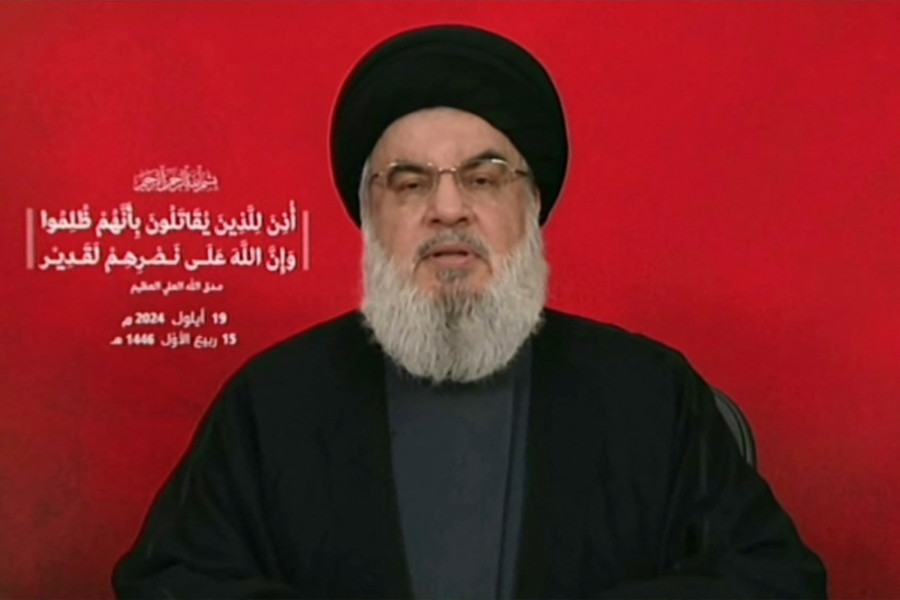 Thủ lĩnh Hezbollah phát biểu lên án Israel trên truyền hình ngày 19/9. Ảnh: AFP Thủ lĩnh Hezbollah phát biểu lên án Israel trên truyền hình ngày 19/9. Ảnh: AFP