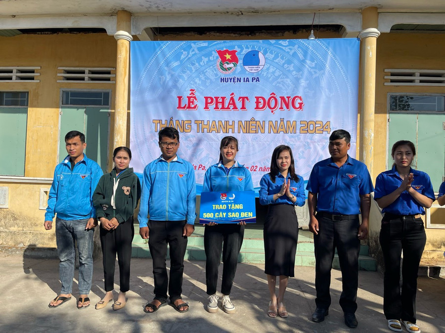 Huyện Đoàn Ia Pa trao tặng bảng tượng trưng 500 cây sao đen cho Đoàn các xã. Ảnh: Vũ Chi Huyện Đoàn Ia Pa trao tặng bảng tượng trưng 500 cây sao đen cho Đoàn các xã. Ảnh: Vũ Chi