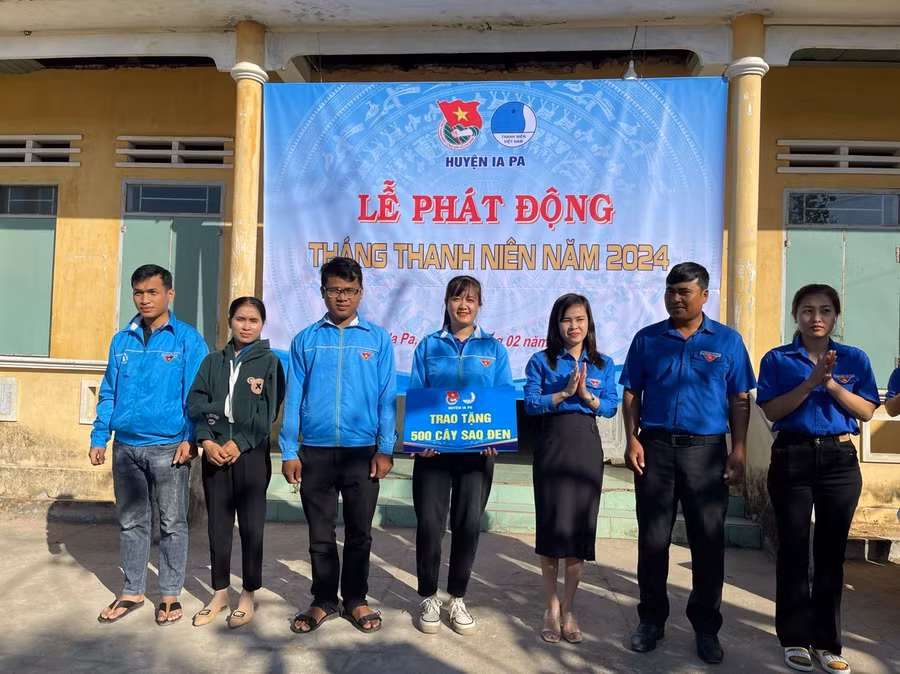 Huyện Đoàn Ia Pa trao tặng bảng tượng trưng 500 cây sao đen cho Đoàn các xã. Ảnh: Vũ Chi