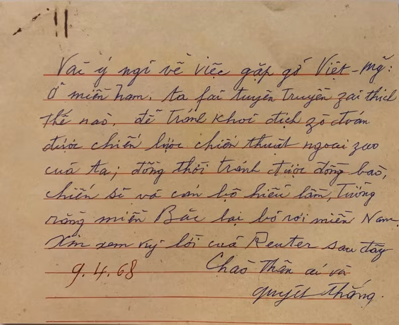 Thư của Chủ tịch Hồ Chí Minh gửi Bộ Chính trị ngày 9/4/1968 căn dặn việc chuẩn bị cho cuộc gặp gỡ Việt-Mỹ trước Hội nghị Paris. (Nguồn: Bảo tàng Hồ Chí Minh)