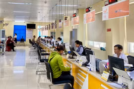 Các đơn vị thực hiện nộp hồ sơ giải quyết TTHC về chuyển đổi công ty nhà nước thành công ty TNHH một thành viên tại Trung tâm Phục vụ hành chính công tỉnh, quầy Sở Kế hoạch và Đầu tư. Ảnh: Hà Duy