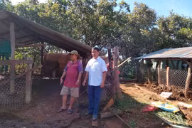 Ông Rơ Lan Khối-Chủ tịch Hội Nông dân xã Ia Pia(bên phải) hướng dẫn ông Kpă Xúc làm chuồng trại nuôi nhốt bò xa nhà ăn ở để giữ gìn vệ sinh, lấy phân bò làm phân bón, góp phần bảo vệ môi trường sinh thái làng Ngó, xã Ia Pia, huyện Chư Prông, tỉnh Gia Lai. * Ảnh: Hoàng Cư