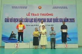 Ban tổ chức trao toàn đoàn cho các đơn vị thi đấu xuất sắc ở nhóm tuổi 15-17. Ảnh: R'Ô HOK
