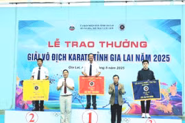 Ban tổ chức trao giải toàn đoàn cho các đơn vị, câu lạc bộ tham gia Giải vô địch Karate tỉnh Gia Lai năm 2025. Ảnh: P.H