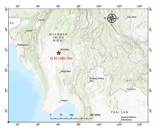 Bản đồ chấn tâm trận động đất ở Myanmar (Ảnh: Viện Các Khoa học Trái đất)