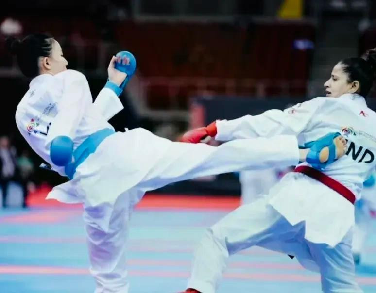 Hoàng Thị Mỹ Tâm (đai xanh) sẽ tập trung chuẩn bị cho giải Đông Nam Á 2025. Ảnh: WKF Hoàng Thị Mỹ Tâm (đai xanh) sẽ tập trung chuẩn bị cho giải Đông Nam Á 2025. Ảnh: WKF