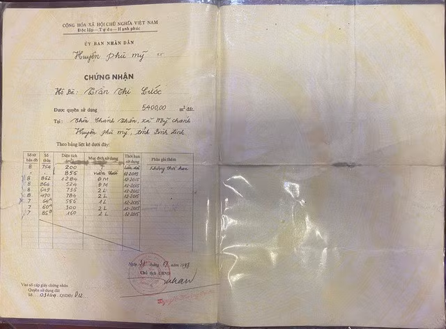 Sổ đỏ cũ thửa đất số 875 vẫn đang được gia đình ông Nguyễn Đình Nguyên cất giữ