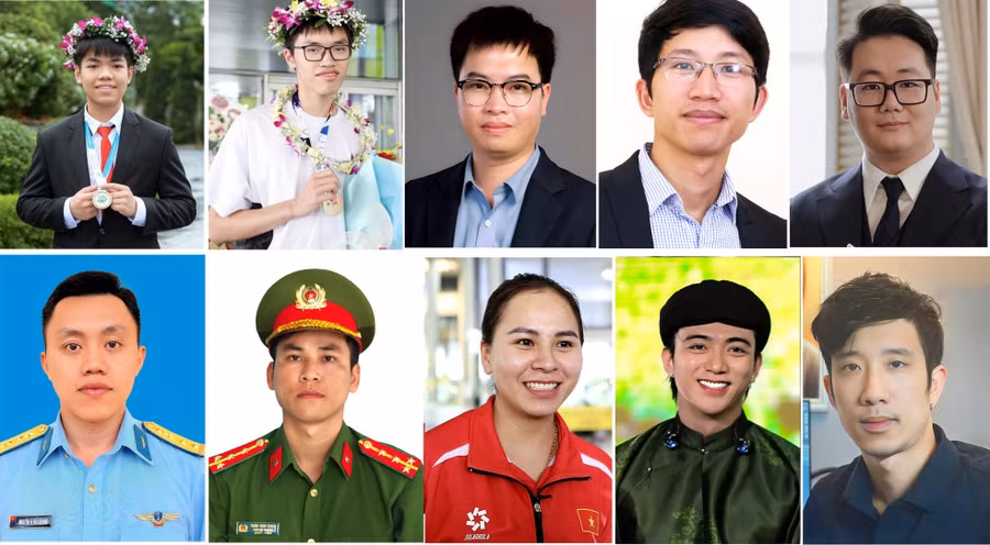 10 Gương mặt trẻ Việt Nam tiêu biểu năm 2024: Nguyễn Hữu Tiến Hưng, Thân Thế Công, Phạm Huy Hiệu, Nguyễn Viết Hương, Hoàng Khắc Hiếu, Nguyễn Hoàng Hải Quang, Trần Vĩnh Chiến, Trịnh Thu Vinh, Nguyễn Hoàng Sơn, Phùng Quang Trung (lần lượt từ trái sang phải, từ trên xuống).