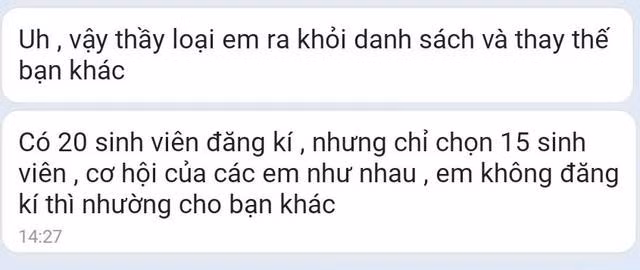 Đối tượng lừa đảo liên tục nhắn tin hối thúc người học thực hiện chứng minh tài chính nếu không sẽ bị thay thế