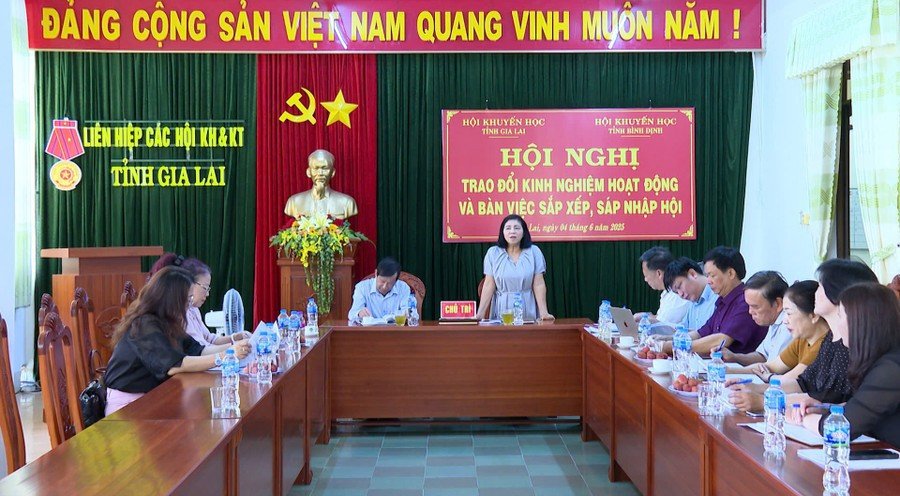 Bà Nhan Thị Hằng Nga (bìa phải)-Chủ tịch Hội khuyến học tỉnh Gia Lai tại buổi làm việc Hội Khuyến học 2 tỉnh. Ảnh: Mạnh Hà hinh.jpg