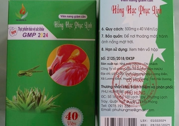 Phát hiện sản phẩm thực phẩm bảo vệ sức khỏe Viên nang giảm cân Hồng Hạc Phục Linh chứa chất cấm. (Ảnh: Cục An toàn thực phẩm) Phát hiện sản phẩm thực phẩm bảo vệ sức khỏe Viên nang giảm cân Hồng Hạc Phục Linh chứa chất cấm. (Ảnh: Cục An toàn thực phẩm)