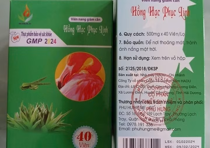 Phát hiện sản phẩm thực phẩm bảo vệ sức khỏe Viên nang giảm cân Hồng Hạc Phục Linh chứa chất cấm. (Ảnh: Cục An toàn thực phẩm)