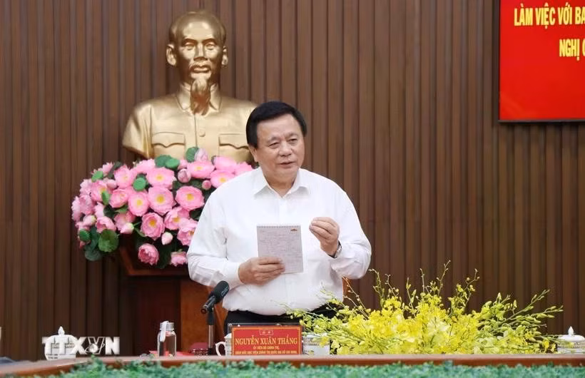 Giáo sư-Tiến sỹ Nguyễn Xuân Thắng, Ủy viên Bộ Chính trị, Giám đốc Học viện quốc gia Hồ Chí Minh, Chủ tịch Hội đồng Lý Luận Trung ương phát biểu tại buổi làm việc. (Ảnh: Phạm Cường/TXVN)