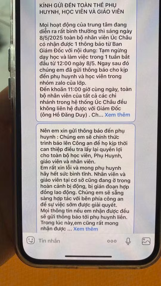 Tin nhắn của nhân viên trung tâm gửi đến các phụ huynh về sự việc