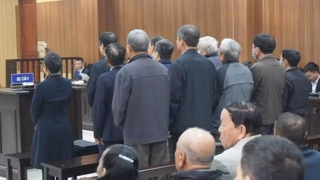 11 bị cáo (những người đứng) có mặt đầy đủ